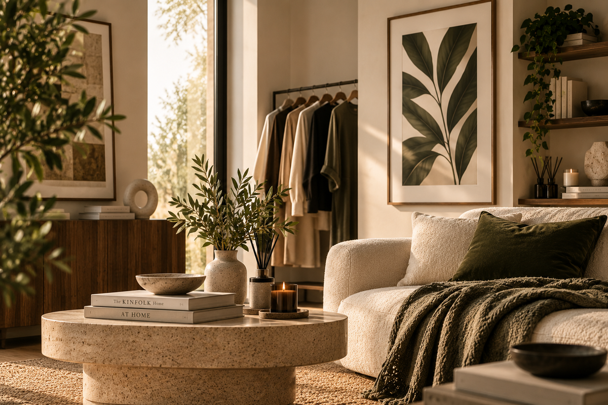 A styled interior scene with a cream upholstered sofa, dark green throw pillow and blanket, a round stone coffee table, framed botanical wall art, plants, and a clothing rack in a warm sunlit room.