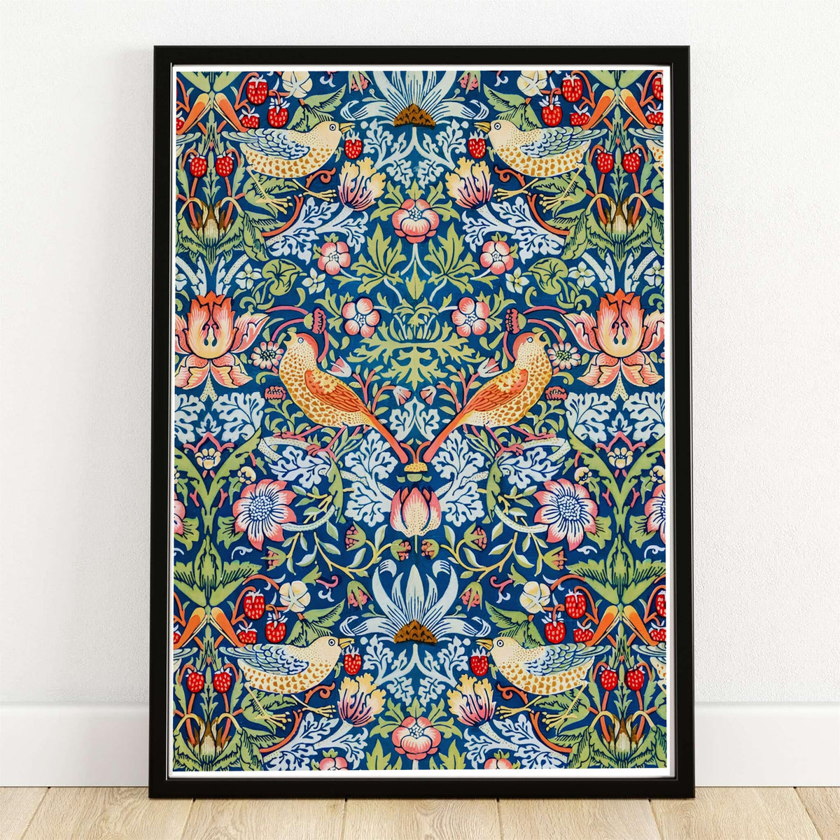 William Morris Strawberry Thief Wall Poster showcasing detailed design and features like archival backing and fade resistant inks.