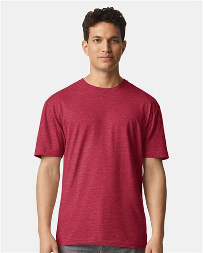 Model wearing a Gildan 3000 Unisex Light Cotton T-Shirt in a neutral color, showcasing its casual design.