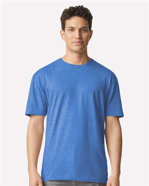 Model wearing a Gildan 3000 Unisex Light Cotton T-Shirt in a neutral color, showcasing its casual design.