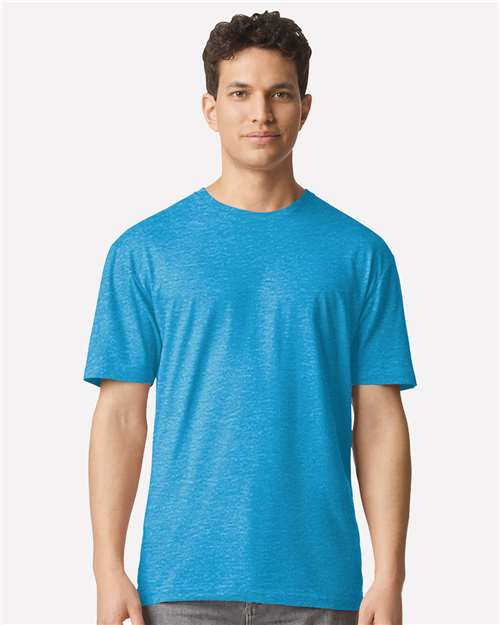 Model wearing a Gildan 3000 Unisex Light Cotton T-Shirt in a neutral color, showcasing its casual design.