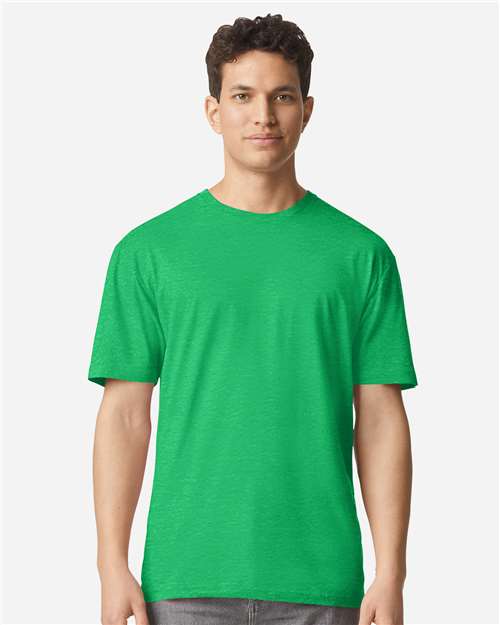Model wearing a Gildan 3000 Unisex Light Cotton T-Shirt in a neutral color, showcasing its casual design.