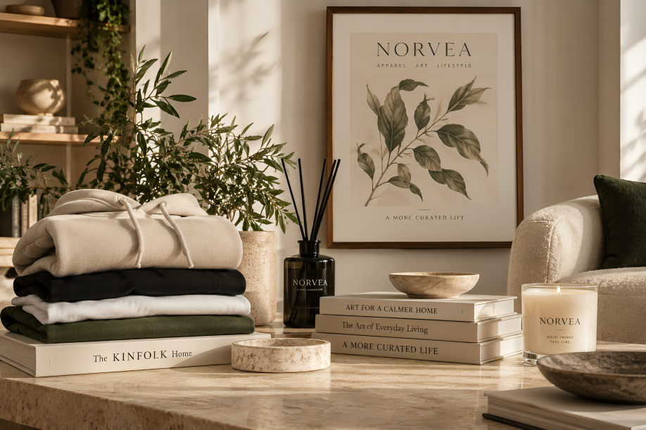 Elegant neutral living room with botanical decor, artwork, and natural light
