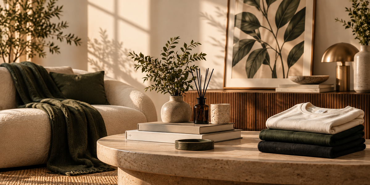 A styled interior scene with a round stone coffee table holding folded dark green and white textiles, books, a small vase, and a reed diffuser. A cream sofa with a dark green throw is visible on the left, along with framed botanical wall art, plants, and warm sunlight streaming through a window.