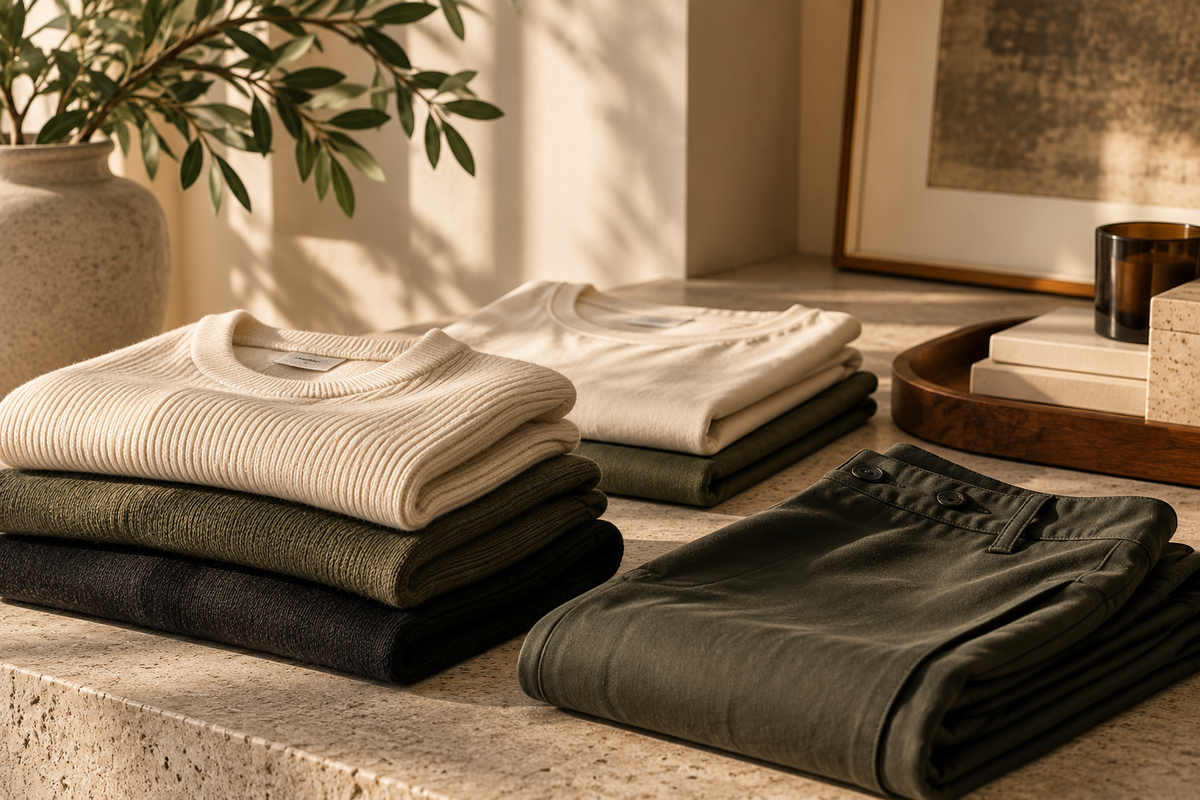 Folded clothing displayed on a stone surface in a warm, styled interior setting. The stack includes cream, olive green, black, and dark green garments, with a plant, framed art, and a tray in the background.