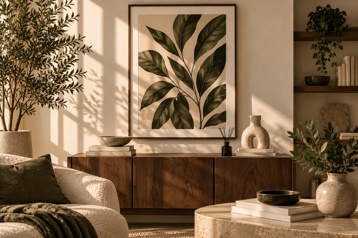 A framed botanical art print with dark green leaves on a cream background, hanging on a beige wall in a styled living room with a wooden sideboard, plants, and warm sunlight.
