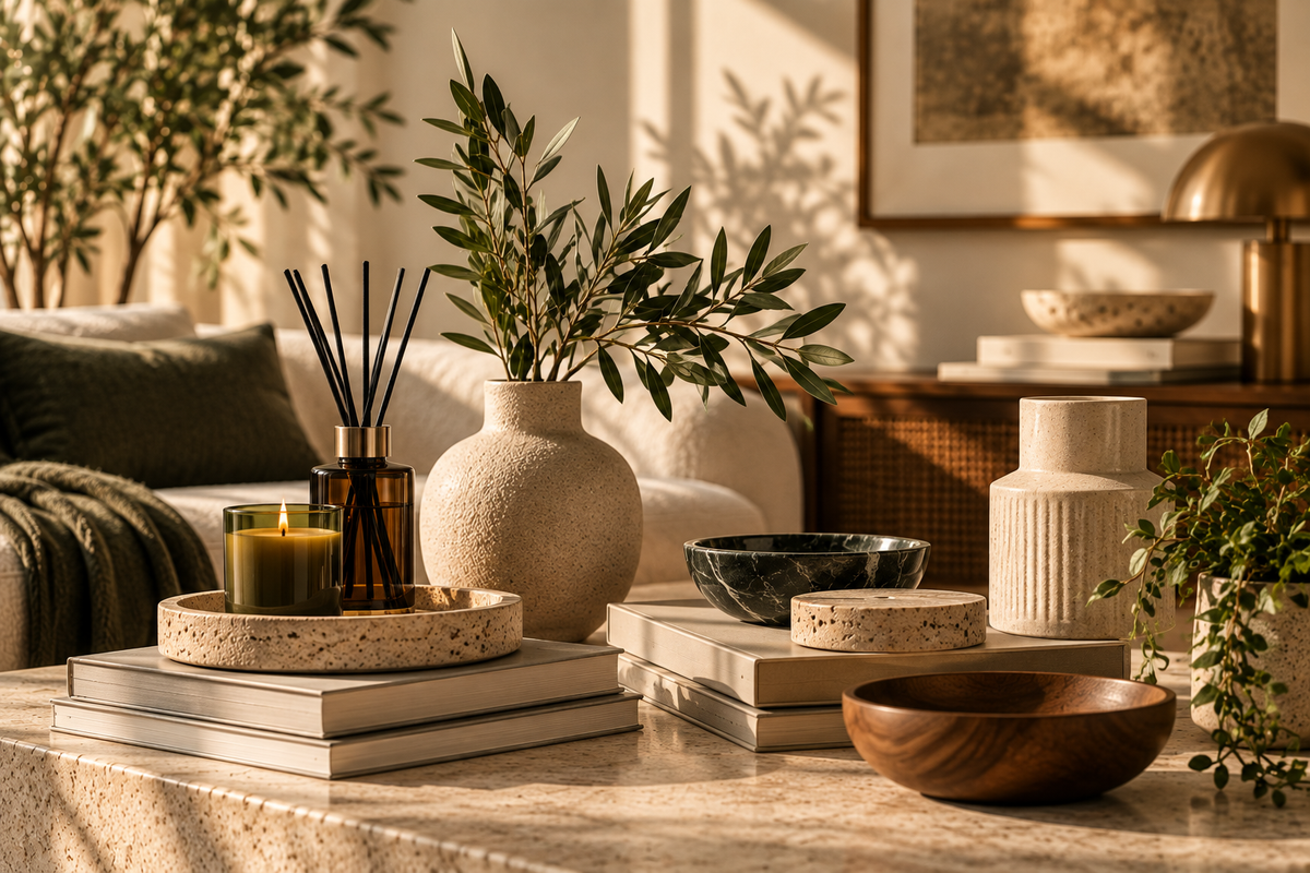 A styled interior scene with home decor arranged on a table: stacked books, a textured cream vase with greenery, a candle, a reed diffuser, ceramic vases, bowls, and plants in a warm sunlit room.