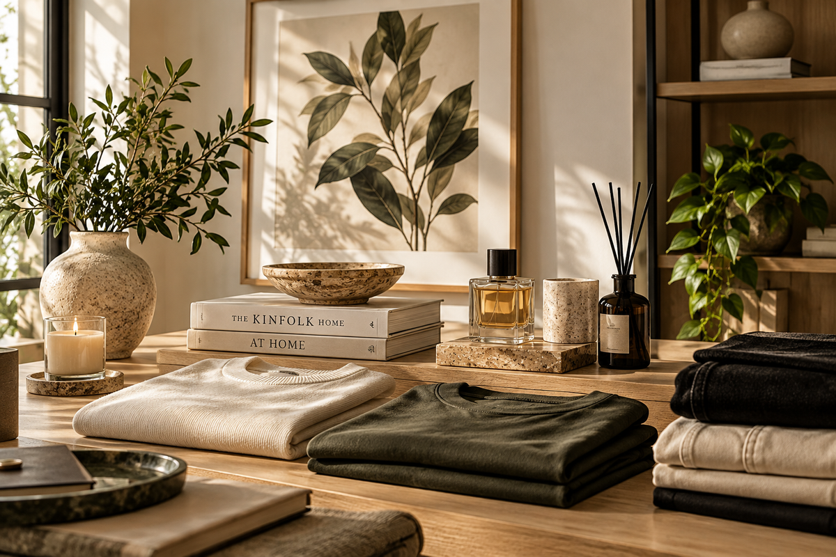 A styled interior scene with folded home textiles and decor on a wooden table, including a cream sweatshirt, an olive green T-shirt, stacked towels, books, candles, a diffuser, and framed botanical wall art in a warm sunlit room.