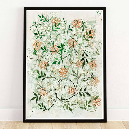William Morris Jasmine Green Floral Wall Poster displayed on a stylish table with decorative items and soft natural light.