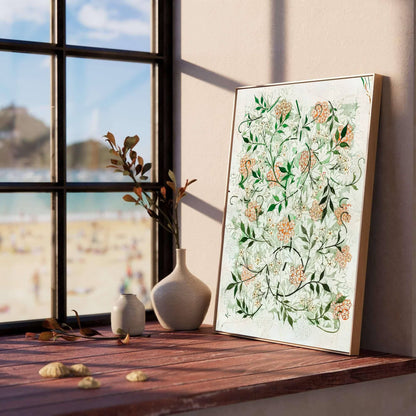 William Morris Jasmine Green Floral Wall Poster displayed on a stylish table with decorative items and soft natural light.