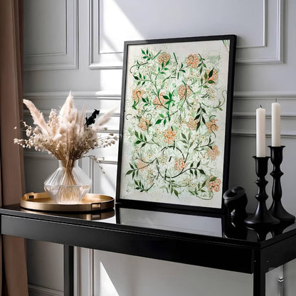 William Morris Jasmine Green Floral Wall Poster displayed on a stylish table with decorative items and soft natural light.