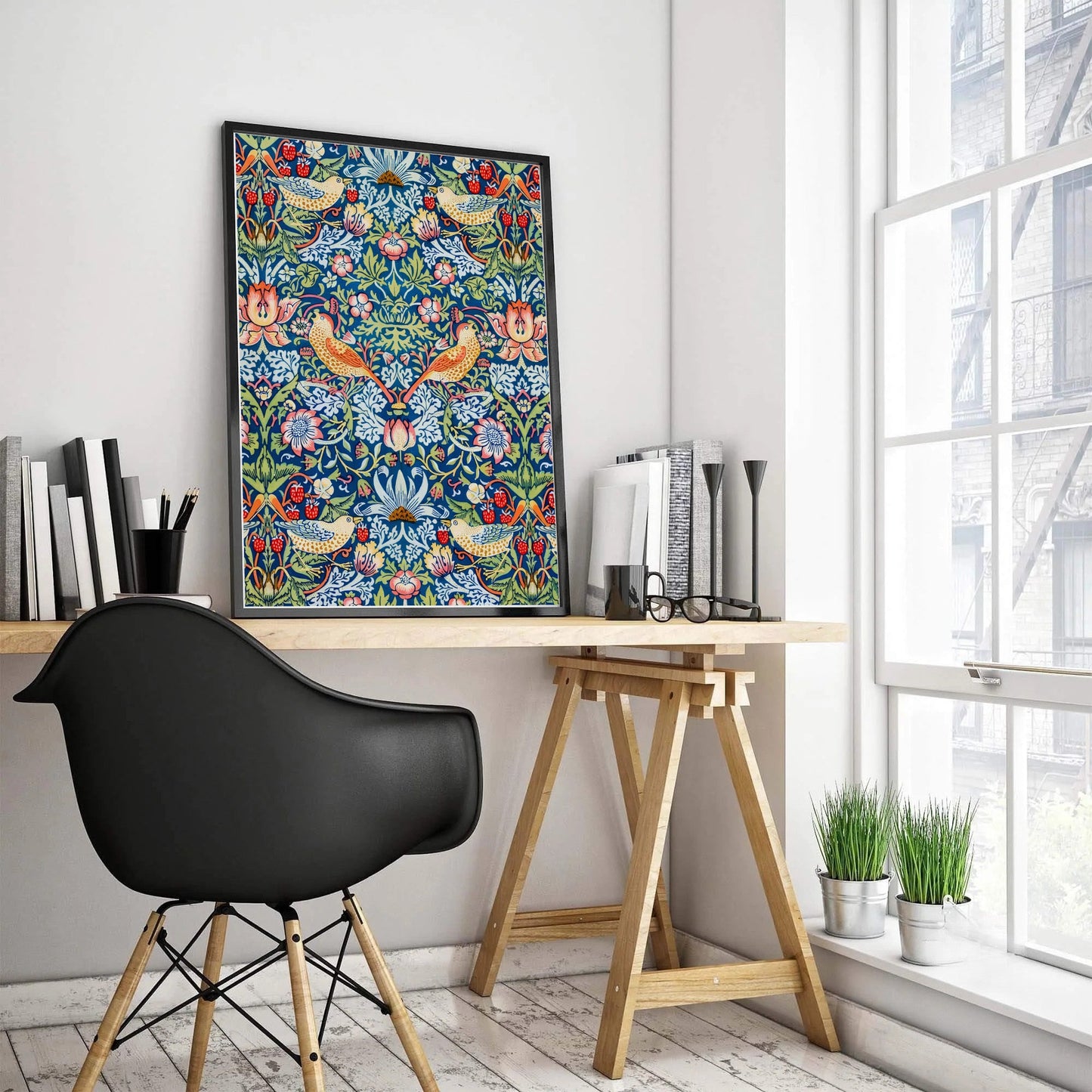 William Morris Strawberry Thief Wall Poster showcasing detailed design and features like archival backing and fade resistant inks.
