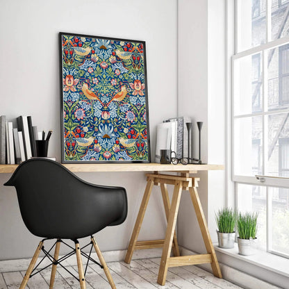 William Morris Strawberry Thief Wall Poster showcasing detailed design and features like archival backing and fade resistant inks.