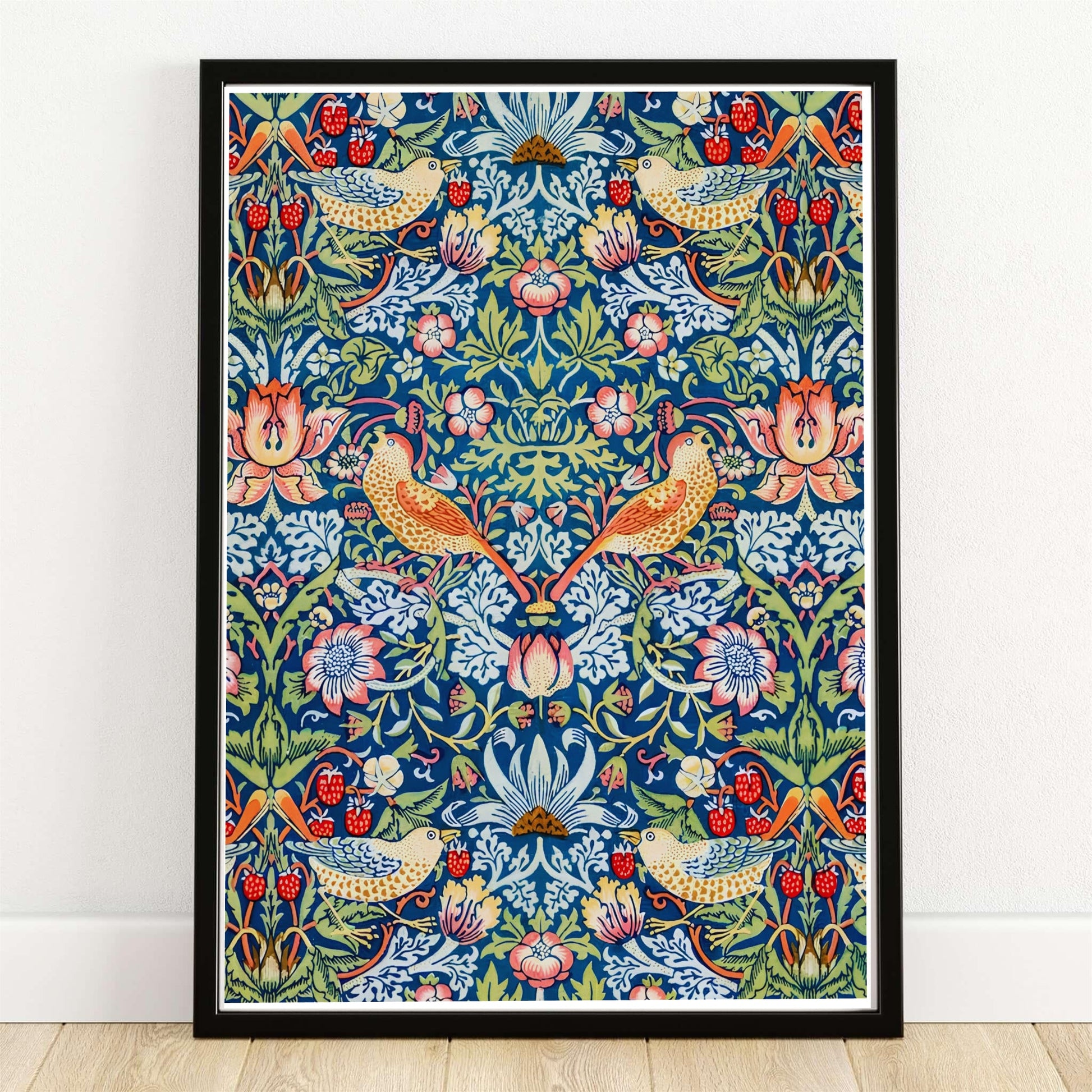 William Morris Strawberry Thief Wall Poster showcasing detailed design and features like archival backing and fade resistant inks.