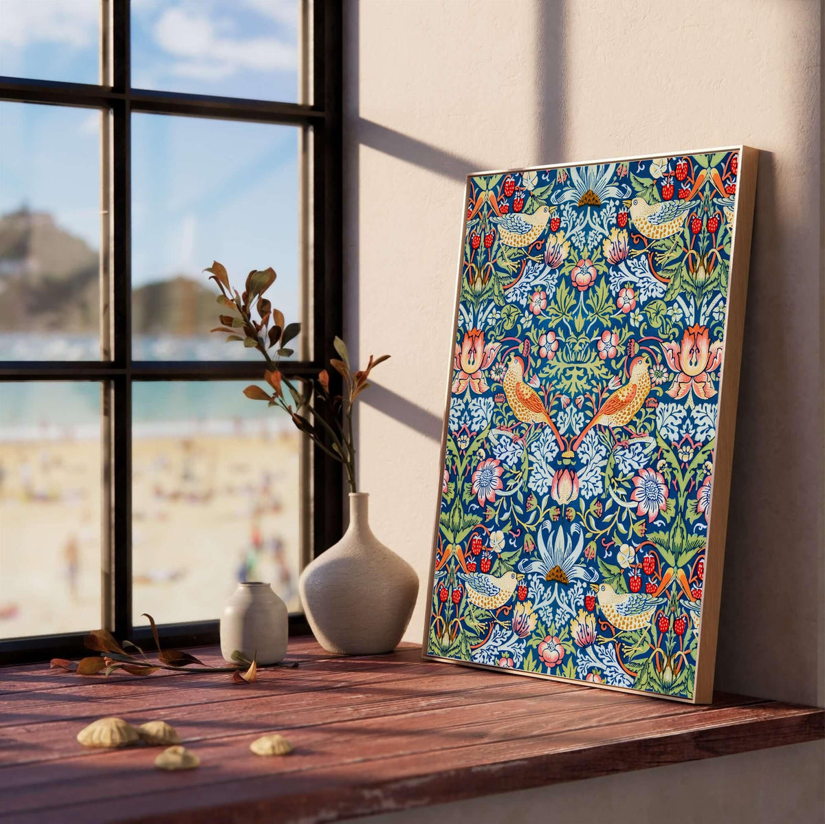William Morris Strawberry Thief Wall Poster showcasing detailed design and features like archival backing and fade resistant inks.