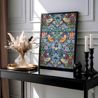 William Morris Strawberry Thief Wall Poster showcasing detailed design and features like archival backing and fade resistant inks.